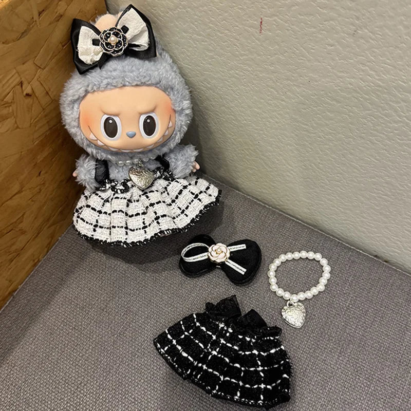For 17cm Labubu Doll Clothing Accessories Checkered Small Fragrant Style Skirt Dress/Hair Accessories/Necklace Kits 3pcs/set
