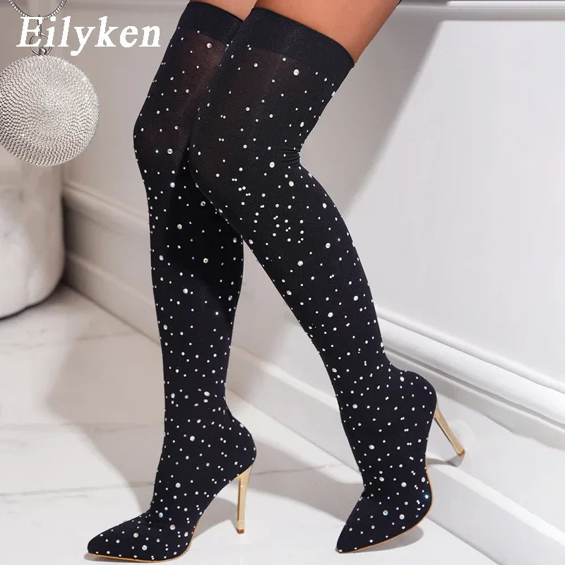 Eilyken Sexy Runway Crystal Stretch Fabric Sock Over the Knee Boot Thigh Stiletto High Pointed Toe Woman Shoes Zapatillas Mujer