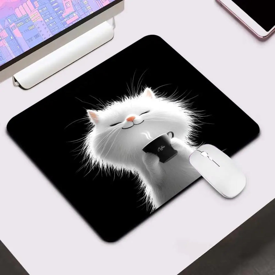 Kawaii Coffee Cat Mouse Pad Black Square Gaming Accessory Rubber Deskmats HD Non-Slip Computer Keyboard Mat New Laptop Mousepad