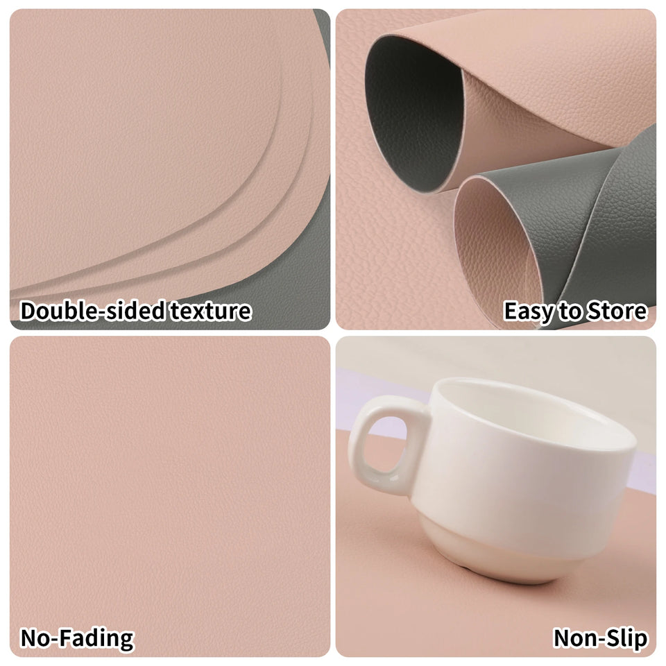 Double Sided Anti Slip PU Pad Table Mat with Coaster Oil-Proof Waterproof Leather Placemat Kitchen Dinner Coffee Tables Mats
