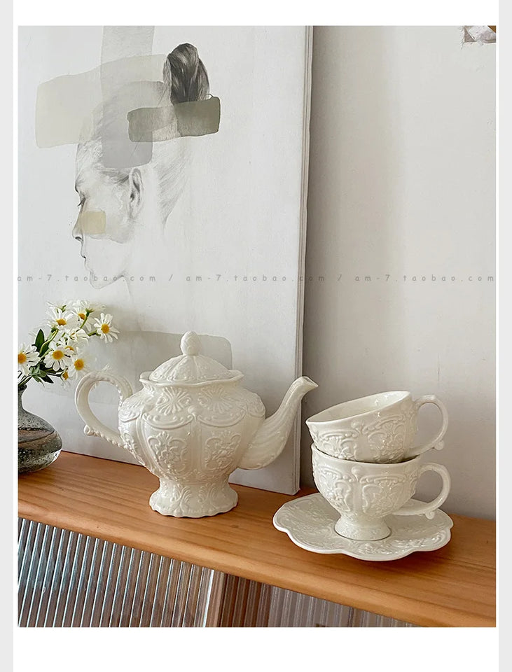 Ceramic European Style Tea Set French Relief Butterfly Flower Palace Pot Black Tea Cup Afternoon Tea Coffee Cup and Plate