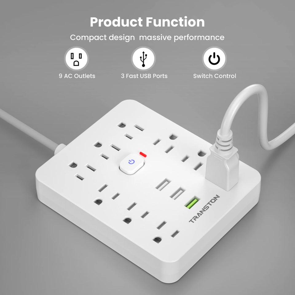 5-Foot  power strip Power Outlet with Surge Protector, 9 ac, 3 USB Ports, Extension Cord, Quick Charge, for Home and Office