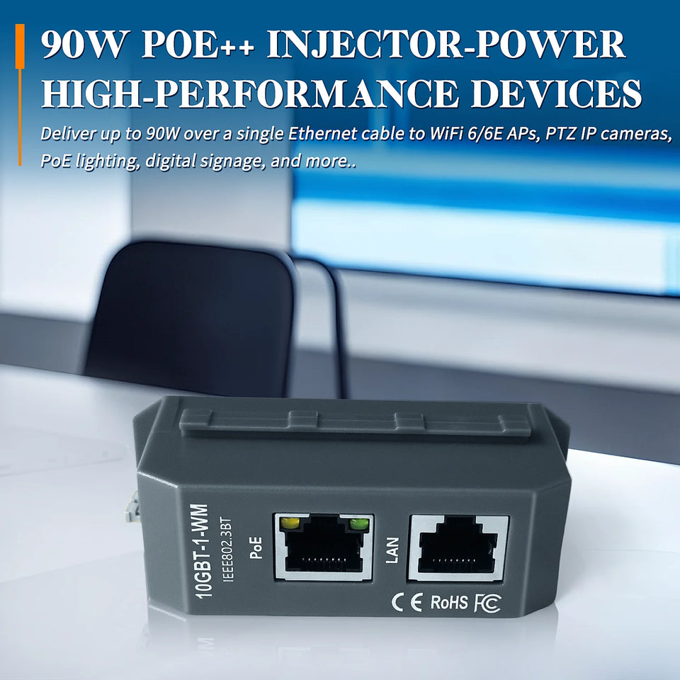 IEEE 802.3af/at/bt 4 Pair Active PoE Injector 2.5G/5G/10G High-Speed PoE++ 90W Max Outut For HD IP Cameras DIN Rail Mounting