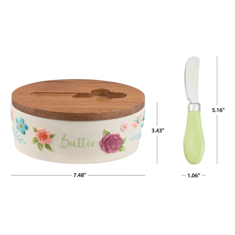 Painted Meadow Butter Dish Set Acacia Wood Lid Metal Serving Knife Floral Embossed Stoneware Butter Storage Handcrafted Kitchen