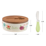 Painted Meadow Butter Dish Set Acacia Wood Lid Metal Serving Knife Floral Embossed Stoneware Butter Storage Handcrafted Kitchen