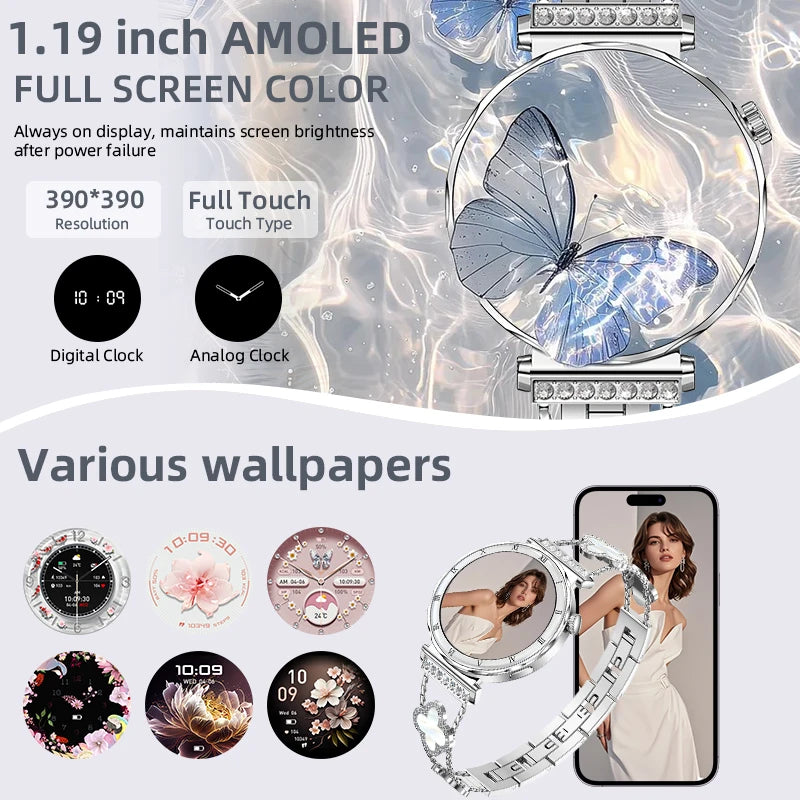 LIGE New 1.19inch AMOLED Fashion Ladies Smart Watch Bluetooth Call Sports Bracelet Women’s Health Waterproof Diamond Smartwatch
