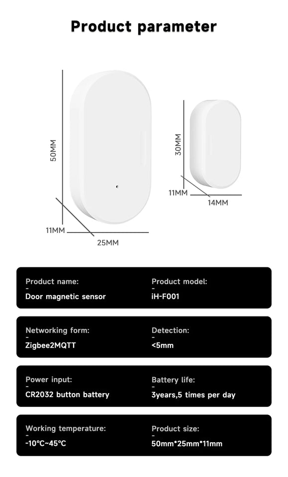Smart Door Window Magnetic Sensor Zigbee3.0 Z2MQTT Home Security Protection for Home Assistant Smart Home System