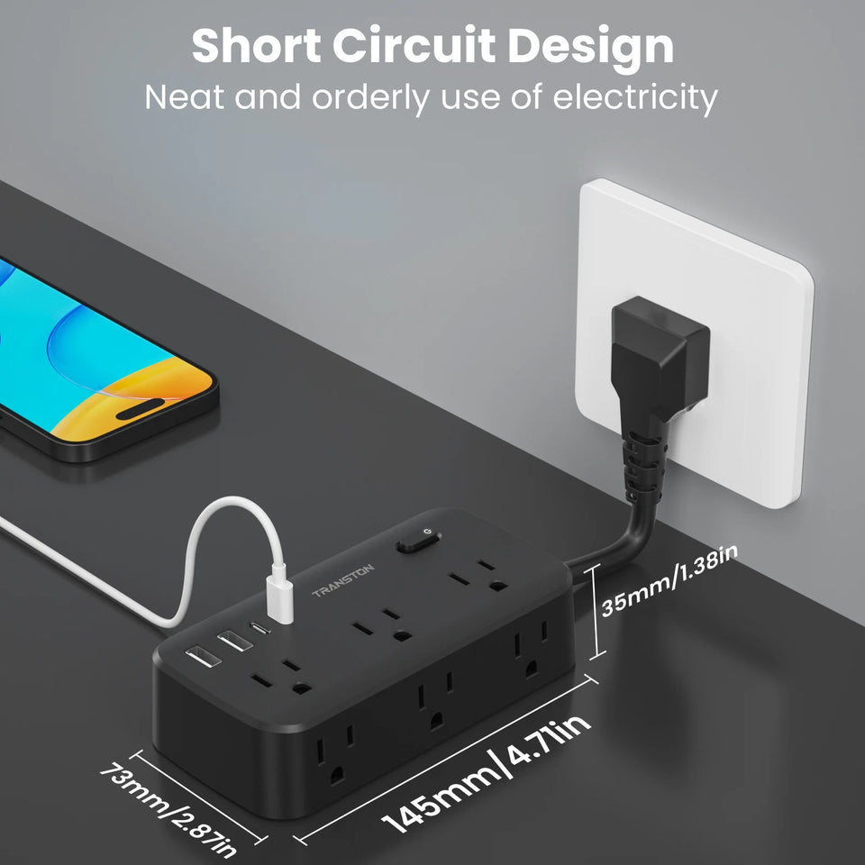 black-power strip surge protector with 6 AC Outlets,2 USB & 2 USB-C Fast Charging Ports,10 in 1,45°tilt plug,Advanced Protection