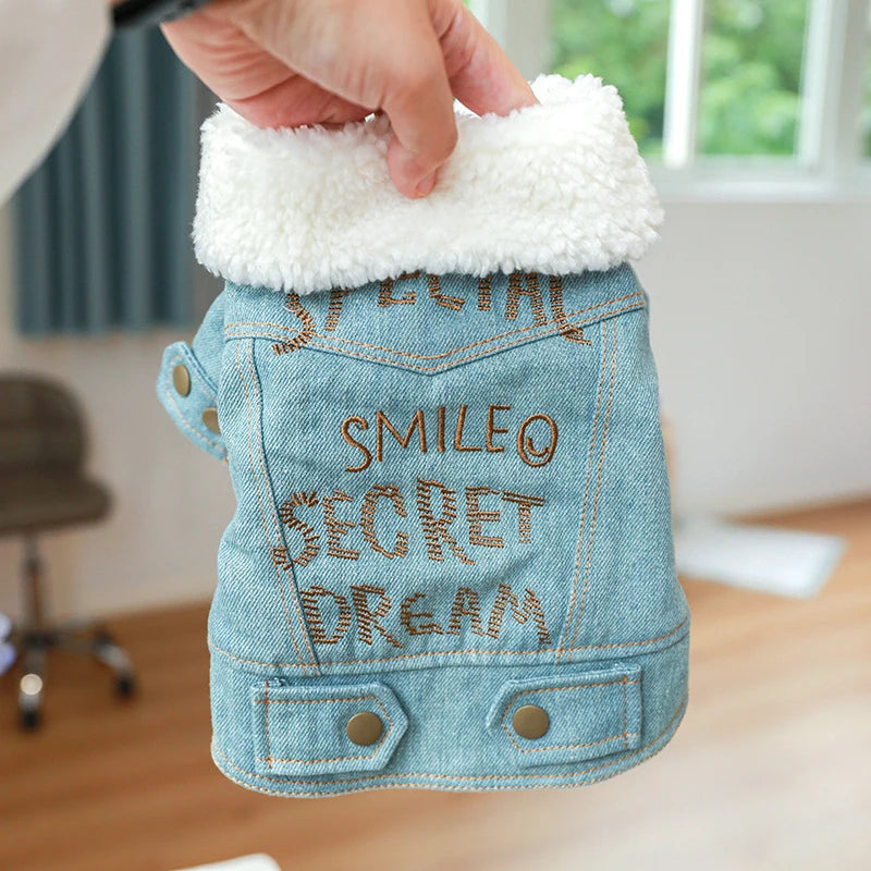Extra Thick Denim Pet Dog Clothes Breathable French Bulldog Fleece Down Jacket Medium Puppy Clothing Winter York Cat Sweatshirt