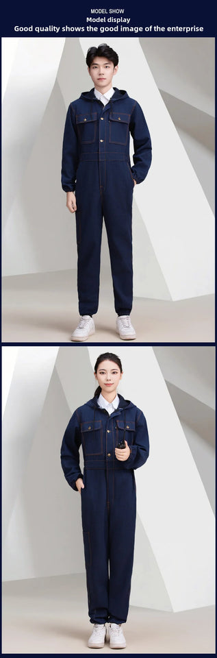 Thickened one-piece denim workwear, wear-resistant labor protection clothing, men's dust-proof auto repair crew clothing, workwe