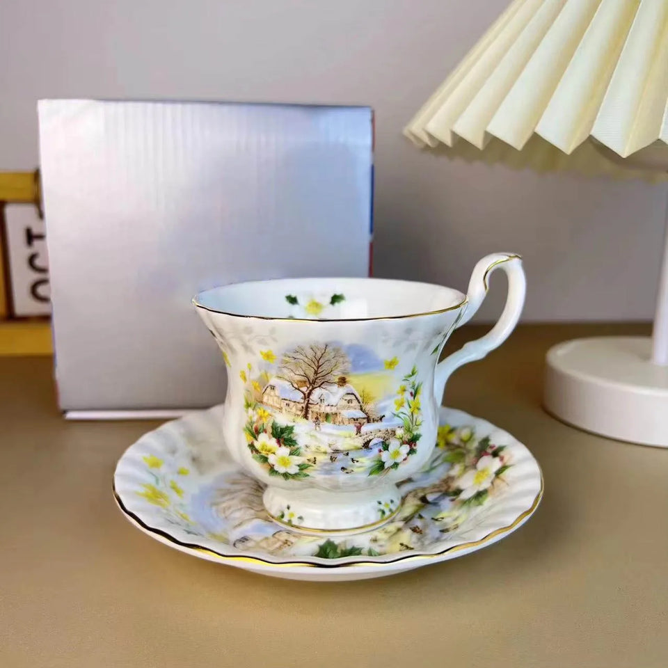 Ceramic Cup and Saucer Spring Summer Autumn Winter Coffee Cup Saucer Dinner Plate Dim Pot Black Teacup European Bone China Mug