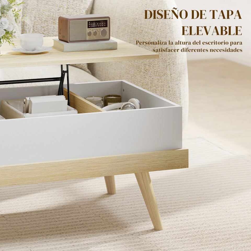 Homcom Liftable Coffee Table with 3 Hidden Storage Compartments and Wooden Legs 100X79X54 cm Natural and White