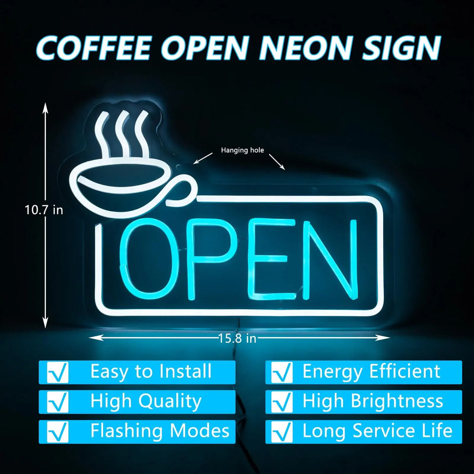 Coffee Open Neon Sign For Wall Decor Studio Room Led Lights, Open Decor Neon Signs Aesthetic Operated Light For Door Decorations