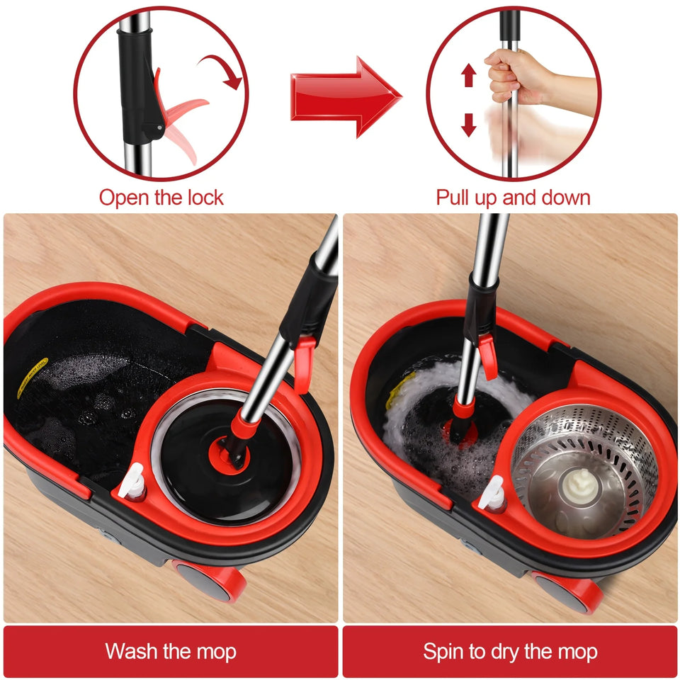 Spin Mop and Bucket Set with Wringer 360° Spinning, 4 Microfiber Mop Heads 61" Adjustable Handle Stainless Steel Floor Cleaner