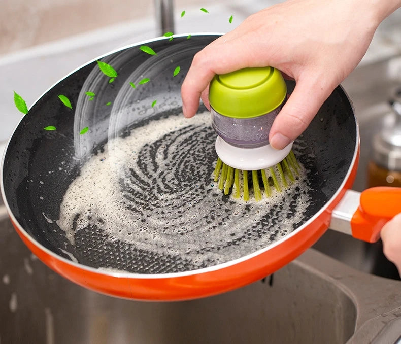 Multi-Use Kitchen Dish Brush, Soap Dispensing Palm Brush with Tray, Universal Scrub Brush for Household Cleaning
