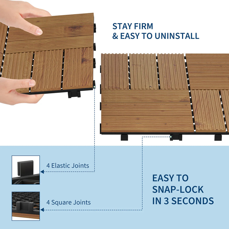 Acacia Wood Connected Deck Tiles for Patio & Outdoor Decor, 12"x12" Firm Weatherproof Non-Slip Wooden Flooring, 22/33 Panels