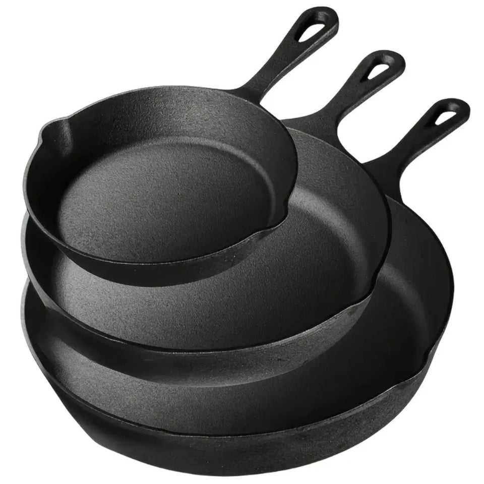 3PCS Pre-Seasoned Cast Iron Skillet Set, Pans for Oven Grill Campfire, Durable Cookware for Home Outdoor Cooking