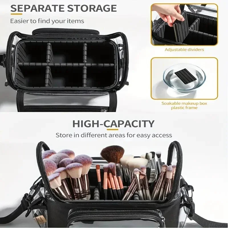 Makeup Brush Holder Backpack Makeup Artist Travel Case Clear Waterproof Cosmetic Organizer Bag with Adjustable Strap and Divider