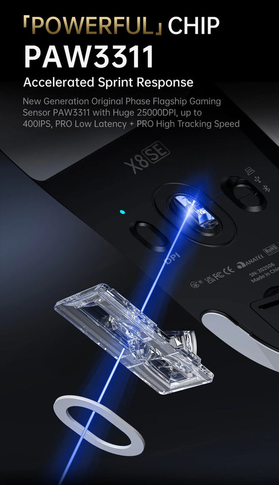 Attack Shark X8 SE Wireless Gaming Mouse | 55g Ultra-Light | 1KHz Wired/Wireless | PAW3311 25K DPI | Tri-Mode | 80M Clicks
