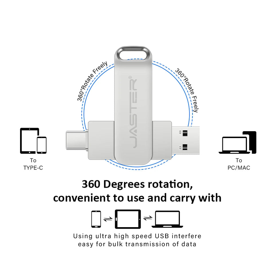 JASTER Metal USB TYPE-C 2 IN 1 Pen Drives 16GB silvery Flash Drive 64GB Commercial Affairs Gifts Memory Stick 4GB 8GB 32G U Disk