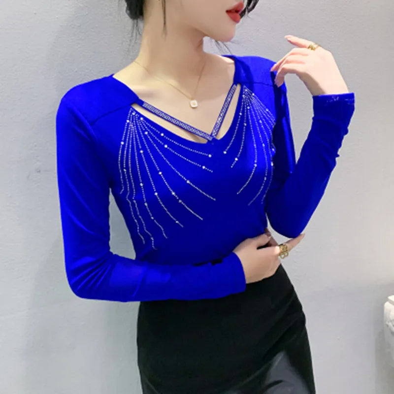 Autumn New Women Mesh Tops Fashion Hollow Out V-Neck Long-Sleeved T-Shirt Classic Shiny Diamonds Bottoming Shirt Elasticity Tees
