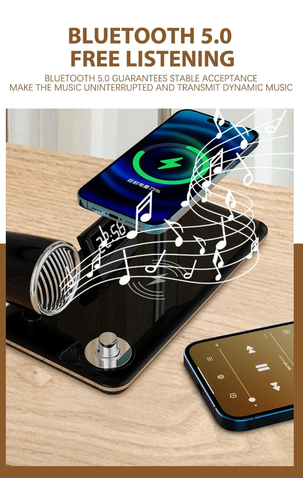 Multifunction LED Desk Lamp Wireless Charger Pad Stand Clock Bluetooth Speaker Night Light USB Port Night Lighting