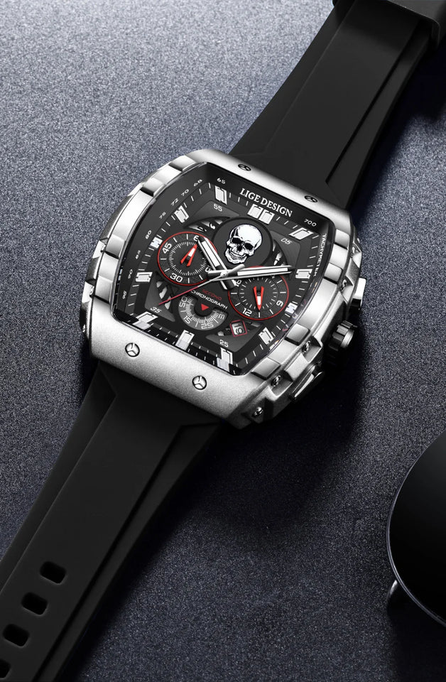 LIGE Brand Mens Watch Skeleton Skull Dial Sports Military Watches Men Fashion Luxury Waterproof Quartz Watch Chronograph Relogio