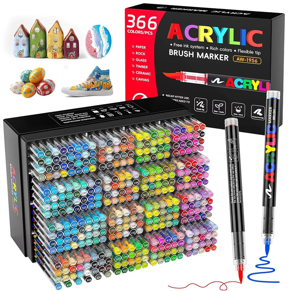 366 Colours Acrylic Markers Flexible Brush Tip Acrylic Paint Marker for Painting Stone Fabric Glass Ceramic Canvas Paper Wood