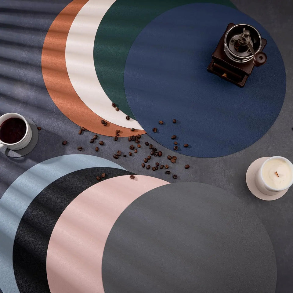 1/6/10 Sets Round PU Leather Placemats & Coaster Set Oil-Proof Waterproof Insulation Mat for Kitchen Coffee Shop Christmas Decor