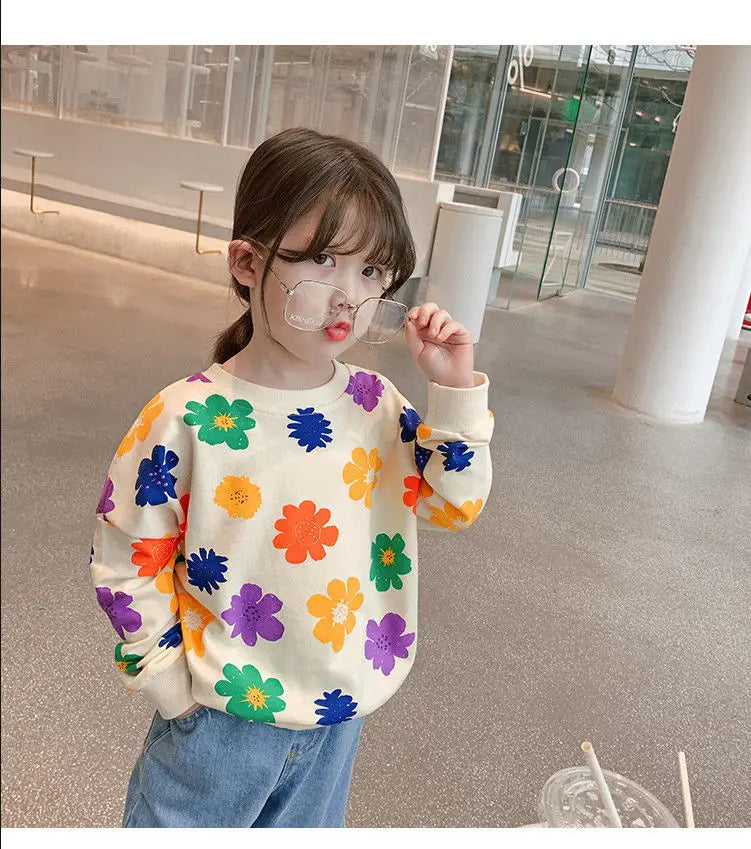 Spring Autumn Baby and Girls Sweet All-Over Flowers Sweatshirt School Kids Outfit Pullover Tops Child Workout Jumper 1-12 Years