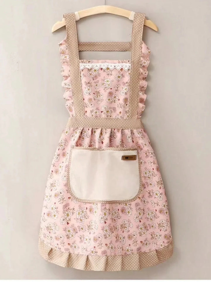 1PC Pink Lovely Canvas Apron Female Household Kitchen Cooking Antifouling Breathable Wear Cleaning Suitable