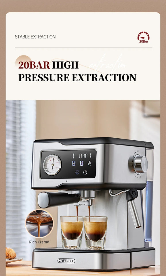 Cafelffe Espresso Coffee Machines Stainless Steel with Milk Frother Steam Wand Semi-Automatic Cappuccino maker 20Bar cafetera