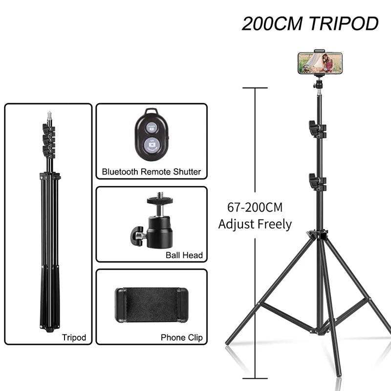 200/170/150/55cm Selfie Tripods Aluminum Light Stand For Phone Stand Mount Digital Camera Tripod With Clip Bluetooth Controller