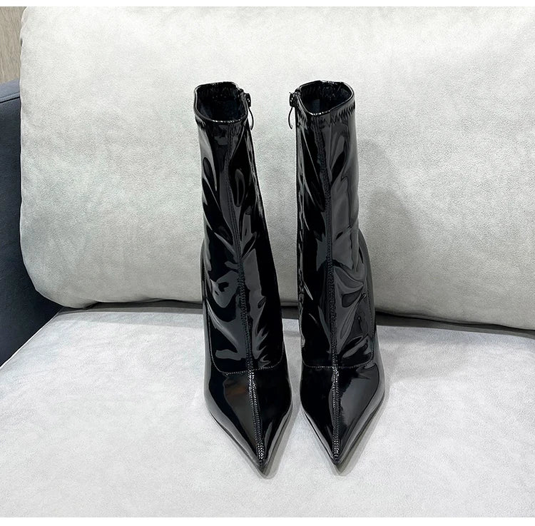 Knee-High Modern Boots Pointy Toe Women Shoes 13cm Ultra Thin Steel High Heels Metal Heel Calf Boots for Women Fun Shoes Size 46