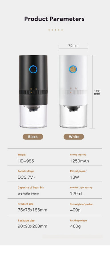 Portable Electric Coffee Grinder with USB Charging Adjustable Ceramic Grinding Core Long Endurance for Outdoor Travel