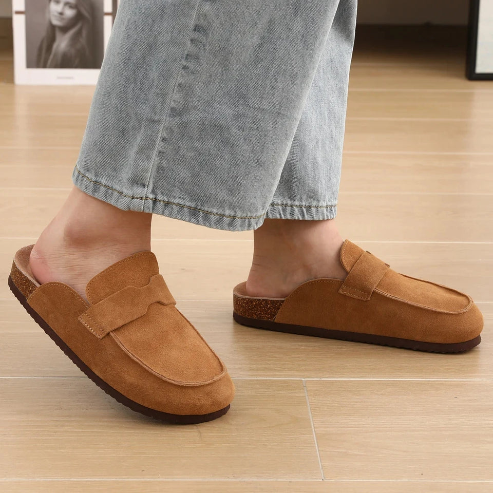 Gacimy Women Fashion Thick Sole Leather Clogs Slippers Classic Women's Mules Cork Clogs Slipper Outdoor Deep Heels Shoes Sandal