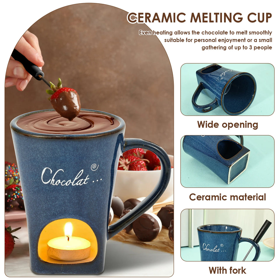 150ML Chocolate Fondue Cup European Candle Cup Ceramic Mug Heating Food Cheese Butter Coffee Mug With Fork Home Party Supplies