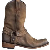 Retro Cowboy Boots Women Men Mid Calf Outdoor Boots Vintage PU Slip on Shoes Winter Gladiator Booties Unisex Brown Long Boots