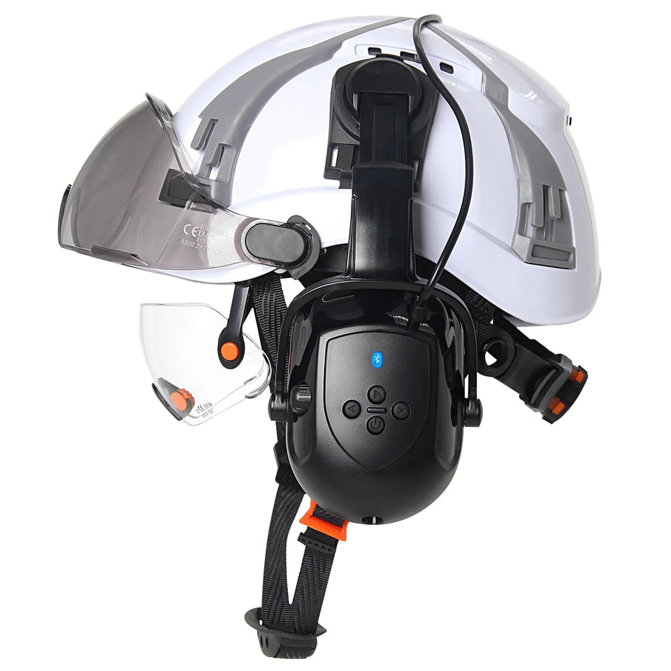 CE Safety Cap w/ 5.0 Bluetooth Earmuffs Reflective Stickers Double Goggles Construction Engineer Helmets ABS Industrial Hard Hat