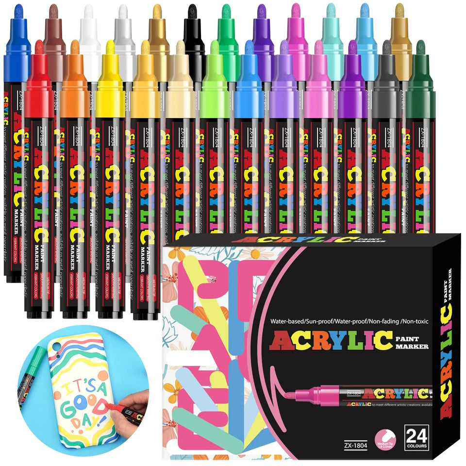 12/18/24 Vibrant Acrylic Marker Set, Medium Tip (2-3mm) Suitable for Rock Painting, Black Paper, and Skateboard Decoration