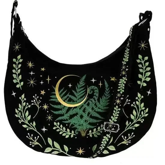 Dark Gothic Witch Plant Embroidered Flannel Shoulder Underarm Bag, Vintage Large Capacity Crossbody Bag,  Bags for Women