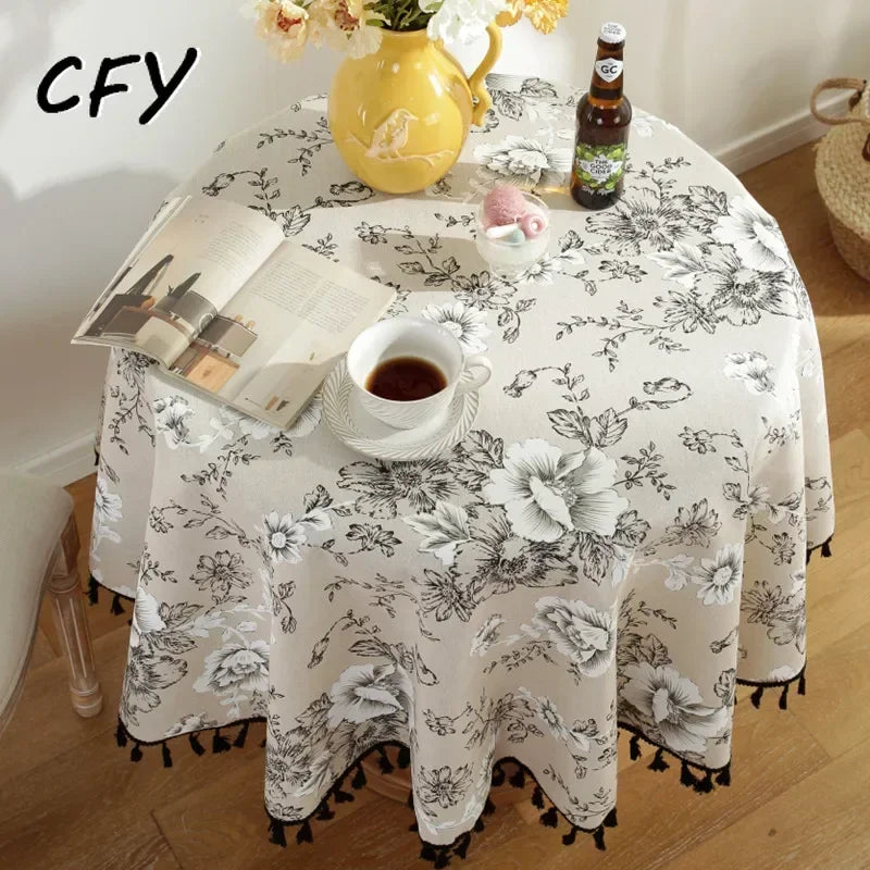 Cotton Linen Nodic Pastoral Black Peonies Black Tassel 150cm Round Tablecloth for Coffee Tables Table Cover Round Table Cloth
