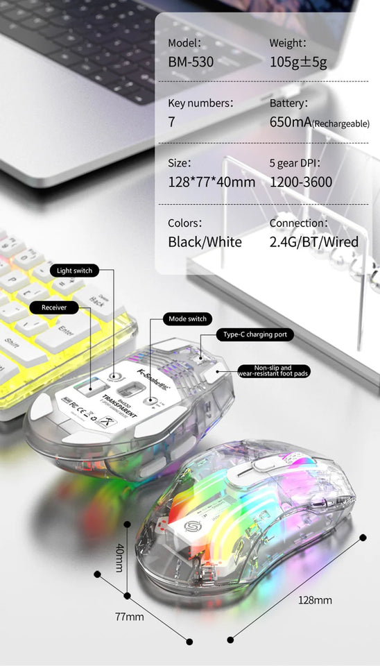 Aesthetic Clear Wireless Mouse for Women RGB Glow Tri-Mode Bluetooth Rechargeable Gaming Mouse for Laptop PC Office
