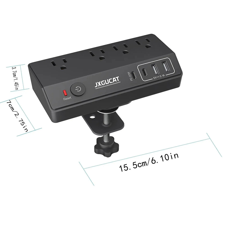 US clip receptacle 1625W, USB C Desk Clip Power Strip, PD 20W Fast Charging Power Station, Detachable Desk Clip Mountable Power