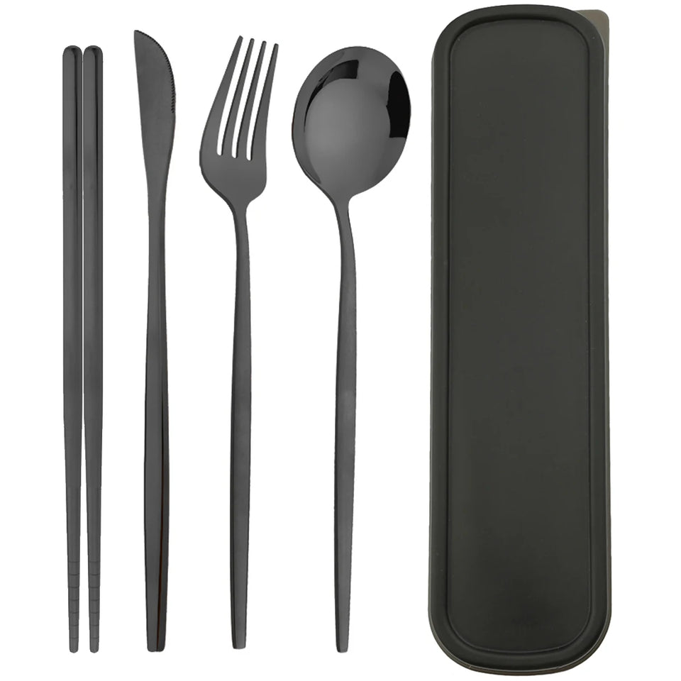 4pcs Stainless Steel Cutlery Set With Storage Box Black Gold Portable Cutlery Set For Home Kitchen Dining Household Tableware