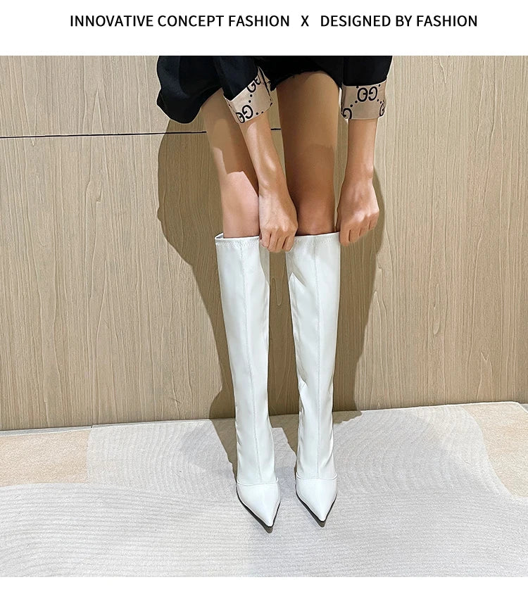Knee-High Modern Boots Pointy Toe Women Shoes 13cm Ultra Thin Steel High Heels Metal Heel Calf Boots for Women Fun Shoes Size 46