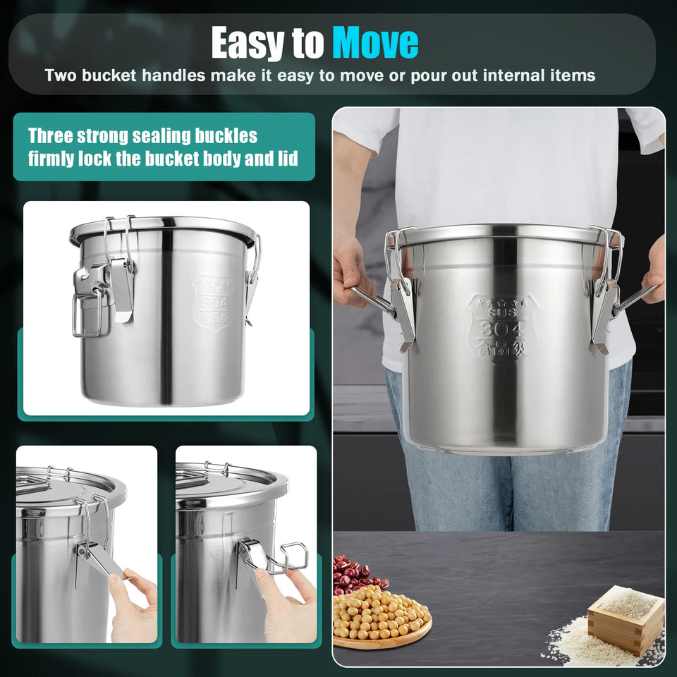 12L Stainless Steel Cereal Container Metal Kitchen Rice Oil Storage Bucket Airtight Durable Corrosion Resistant for Flour Cereal