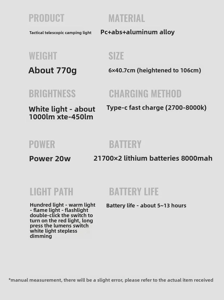 CLS 8000mAh New Outdoor Multifunctional 1m Retractable Camping Light Camp Canopy Tent LED Flame Light Ambient Emergency Lighting