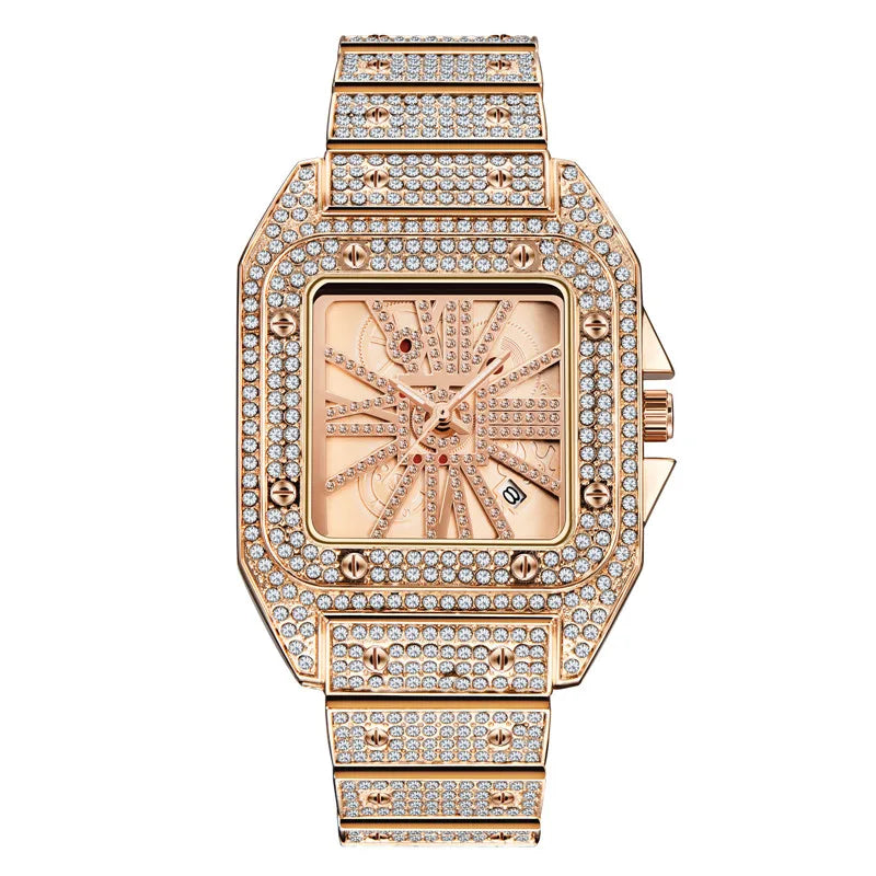 Unique Cool Brand Designer Watches For Men Hip Hop Diamond Fashion Alloy Band Date Golden Quartz Watch Montres de Marque de Luxe