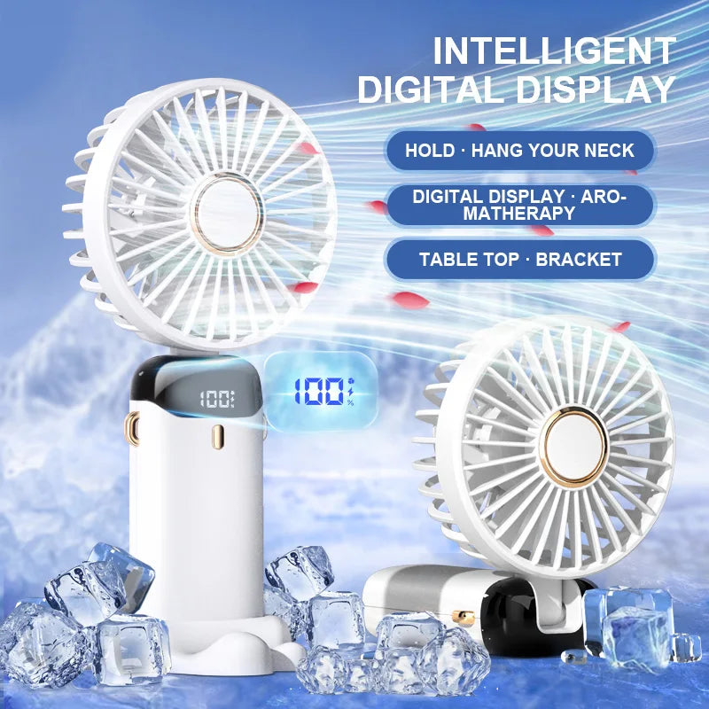 Handheld Mini Fan Wireless USB Rechargeable Portable Digital Display Phone Holder Fan 5 Speed Foldable Neck Hanging Small Fans